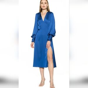 Alexia Admor Long Sleeve Midi Dark Blue/Navy Satin Dress NWOT